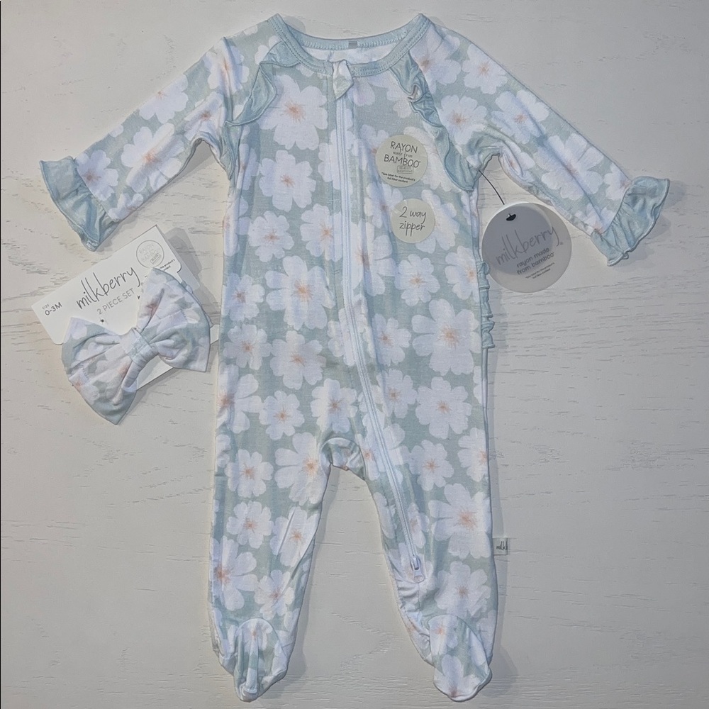 Milkberry Floral Mint Footie Headband Set 0-3 3-6 months